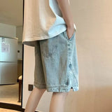Wiaofellas  -  New Men's Casual Side-Slit Denim Shorts Summer High Street Fashion Baggy Jorts Harajuku Hip Hop Y2K Blue Short Jeans