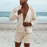 Wiaofellas  -  Men's Shorts Set Button-up Long Sleeve Shirt + Shorts Casual Beach Outfits Men Two Piece Tracksuit Fashion Streetwear
