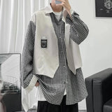 WIAOFELLAS  -  Fake Two-piece Plaid Spliced   long-sleeved Shirt Loose Design Men's Casual Hong Kong Style Jacket Spring and Autumn New Style
