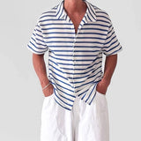 Wiaofellas  -  Striped Vintage Men's Turn-Down Collar Short Sleeve Knitted Shirt Summer Contrast Color Fashionable Casual Loose Knit Shirt Male