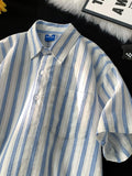 WIAOFELLAS  -  Striped Shirt for Men Cotton Short Sleeves Button Blouses Casual Turn-down Collar Shirt Summer Streetwear Overshirts Tops A130