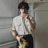 WIAOFELLAS  -  Fashion Summer Men's Plaid O-neck Loose Korean Style Shirts Trendy Single-breasted Short Sleeves Tops Male