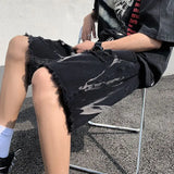 Wiaofellas  -  New Ripped Denim Shorts Men's High Street Straight Leg Fringed Five Quarter Pants
