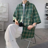 WIAOFELLAS  -  Trendy Vintage Men's Plaid Short Sleeved Casual Trousers Fashion Summer Single-breasted Turn-down Collar Shirts Male