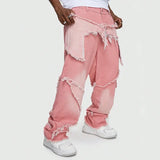 WIAOFELLAS  -  European and American Style Spliced Pink Hip-hop Workwear Wide-leg Tencel High-end Trendy Men's Jeans.