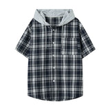 WIAOFELLAS  -  Niche Men's Shirts Hooded Drawstring Plaid Design Short Sleeved Casual Single Breasted Contrast Color Male Clothing