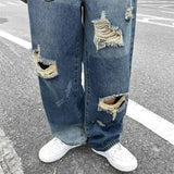 Wiaofellas  -  Jeans for Men Ripped Trousers Broken Straight Male Cowboy Pants Torn Hip Hop with Holes Wide Leg Designer Cotton Kpop Washed Xs