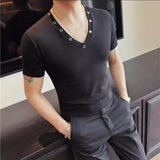 Wiaofellas  -  Spring Summer V-neck Short Sleeved T-shirt for Men Rivet Decoration High Elasticity Knitted T-shirts Slim Fit Casual Base Shirt