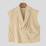 WIAOFELLAS  -  Men Vests Solid Color Lapel Sleeveless Loose One Button Male Waistcoats Streetwear 2025 Casual Fashion Crop Vests Men