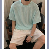 WIAOFELLAS  -  Texture Vertical Stripe Ice Silk T-shirt for Men Summer Thin Hanging Short Sleeved Pullover Tops Rugged Handsome T-shirts Soft
