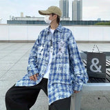 Wiaofellas  -  Retro American Workwear Shirt Men Women Loose Long Sleeve Tie Dye Plaid Outerwear Top Breathable Non Iron Polyester Fiber