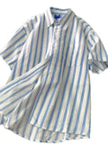 WIAOFELLAS  -  Striped Shirt for Men Cotton Short Sleeves Button Blouses Casual Turn-down Collar Shirt Summer Streetwear Overshirts Tops A130