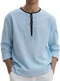 WIAOFELLAS  -  95% Linen Shirt Mens Patchwork Henry Collar Long Sleeved Pullover Top Spring Autumn Casual loose sports shirts Tee Streetwear