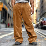 WIAOFELLAS  -  Spring Autumn Casual Corduroy Pants Men's Long Pants Solid Drawstring Casual Breathable Wide-leg Multi-pocket Straight Pants