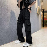 Wiaofellas  -  Trousers Man Wide Multi Pocket Cargo Pants For Men Grey Straight Multipockets Large Size With Comfortable Aesthetic Emo Cotton
