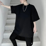 Wiaofellas  -  Mens Dark Plain Asymmetrical Mid Length T Shirt Streetwear Fashion Japanese Niche Youth Trendy Short Sleeve Top Men'S Clothing