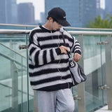 Wiaofellas  -  Men Trend Japanese Style Striped Oversize Streetwear Y2K Knitted Sweater Casual Round Neck Long Sleeve Pullover Tops Ropa Hombre