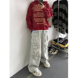 Wiaofellas  -  Light Blue Cargo Jeans Men's Patchwork Straight Casual Trousers Men Muti-pockets Hip Hop Streetwear Loose Fashion Pants