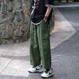 Wiaofellas  -  Retro Japanese Green Work Pants Men Summer Thin Loose Straight Leg Wide Leg Cityboy  Color Nine Point Casual Trousers