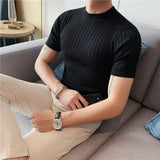 WIAOFELLAS  -  Summer Knitted T Shirt Men Thin Solid Color Half High Neck Striped Short-sleeved Slim T-shirt Streetwear Tops White Black Dark G