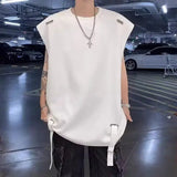 WIAOFELLAS  -  American Style Men's Vests Solid Color O-neck Ribbon Casual Menswear Loose Sleeveless Pullover Male Tank Tops Chic