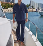 Wiaofellas  -  Men's Cotton and Linen Shirt Long Pants Two-piece Set Fashionable Henry Collar Long Sleeved Shirt Casual Vacation Beach Pants