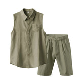 Wiaofellas  -  Men's Linen Sleeveless Shirt and Shorts Set Casual Two Piece Outfit