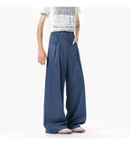 WIAOFELLAS  -  simple men's casual trousers pleated design new solid color wide leg bottom loose straight thin male pants summer