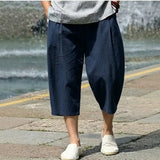 Wiaofellas  -  Men Chinese Style Summer Cotton Linen Capri Pants Loose Wide Leg Plus Size Casual Beach Cropped Trousers