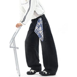 Wiaofellas  -  American Retro Baggy Jeans for Men Women Wide Leg Denim Trousers With Removable Plaid Scarf Streetwear Loose Fit Pants
