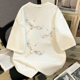 Wiaofellas  -  Pure Cotton National Trend Crane Print Short-sleeved T-shirt Retro Loose Top