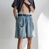 WIAOFELLAS  -  Fashion Men's Gradient Hole Wash Denim Straight Shorts New Vintage Casual Loose Wide Leg Short Pants Male Summer