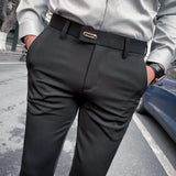 WIAOFELLAS  -  Men Pants Spring Summer Autumn  Casual Slim Elastic Long  Business Trousers Chinos Slacks Ankle Length Black Blue
