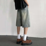 WIAOFELLAS  -  Washing Men's Denim Shorts Solid Color Hole Design Straight Jeans Woen-out Wide Leg Baggy Male Bottom Summer