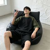 Wiaofellas  -  Men Summer Color Block Knit 2 Piece Set Loose Breathable Short Sleeve Top + Shorts Casual Outfit