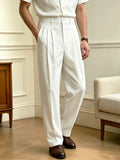 Wiaofellas  -  Spring Summer Solid Woven Italian Style Suit Pants, Men Loose Straight Leg Elegant Casual Formal Trousers for Daily Wear