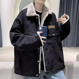 WIAOFELLAS  -  Winter Denim Jacket Men American Style Fleece Lined Thick Warm Cotton Coat Loose Fit Casual Korean Fashion Outerwear Tops Unisex