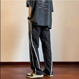 WIAOFELLAS  -  Summer Stripe Quick Drying Casual Pants Men Solid Patchwork Embroidery Elastic Waist Drawstring Pocket Loose Straight Trousers