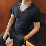 Wiaofellas  -  Spring Summer V-neck Short Sleeved T-shirt for Men Rivet Decoration High Elasticity Knitted T-shirts Slim Fit Casual Base Shirt