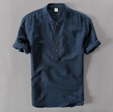 WIAOFELLAS  -  Mens Pullover Linen Shirts Short Sleeve Mens Quality Casual Shirts Slim fit Solid Mandarin Collar Cotton Shirts Men TS-155