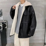 WIAOFELLAS  -  Black Leather Jacket Men Winter Vintage Stand Collar Lamb Wool Cotton Coat Male Korean Loose Zipper Pocket Thick Outerwear