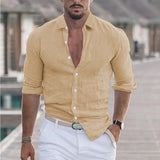 Wiaofellas  -  Men's Spring And Summer Cotton Linen Shirts New Men's Solid Color  Long Sleeve Shirt Loose Lapel Casual Beach Style Shirt