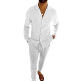 Wiaofellas  -  All Match Men's Tracksuit Fashion Solid Two Piece Slim Suit Autumn New Long Sleeve Button Shirts Top&Drawstring Pants Set