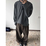 Wiaofellas  -  American Henley Collar Striped Long-sleeved T-shirt for Men Autumn Lazy Style Sweatshirt