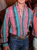 Wiaofellas  -  Men's Retro Western Striped Shirt Casual Short Sleeve Button-Up Cowboy Style Shirt