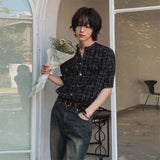 WIAOFELLAS  -  Fashion Summer Men's Plaid O-neck Loose Korean Style Shirts Trendy Single-breasted Short Sleeves Tops Male