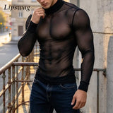 Wiaofellas  -  Streetwear Vintage Transparent Mesh High Neck Pullover Mens Autumn Warm Long Sleeve Slim T-Shirt Male Daily Outdoor Tops