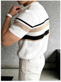 Wiaofellas  -  Contrast Color Slim Mens Short Sleeve Tops Daily Casual Striped Knitted T-shirt Summer Stylish O Neck Knit Pullover