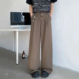 WIAOFELLAS  -  American Style Loose Suit Trousers Men's Chic Button Solid Color Casual Pleated Design Straight Leg Menswear Bottom