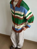 Wiaofellas  -  Contrast Color Striped Dual Zippers Cardigan Japanese Hollow Out Men and Women Jackets Y2k Aesthetic Streetwear Women Tops